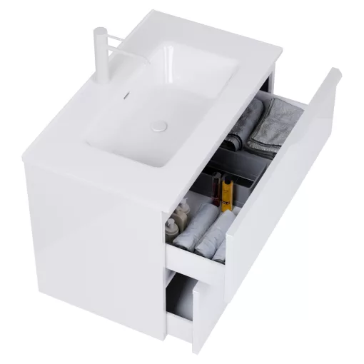 HD Cremona Lacquer White 60 komplett fürdőszoba bútor szett fali mosdószekrénnyel, matt fehér fogantyúkkal, fényes fehér slim mosdóval, tükörrel és magasszekrénnyel