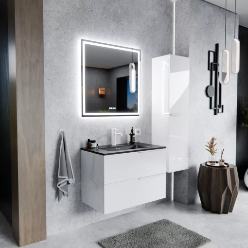 HD Cremona Lacquer White 60 fali mosdószekrény matt fehér fogantyúkkal és matt fekete slim mosdóval