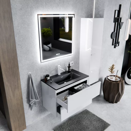 HD Cremona Lacquer White 60 fali mosdószekrény matt fehér fogantyúkkal és matt fekete slim mosdóval