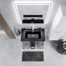 HD Cremona Lacquer White 60 fali mosdószekrény matt fehér fogantyúkkal és matt fekete slim mosdóval