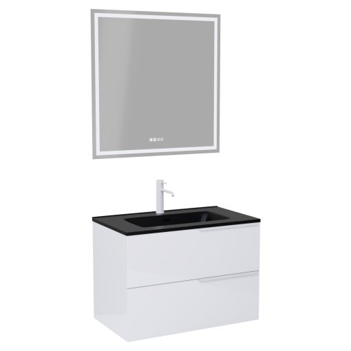 HD Cremona Lacquer White 60 komplett fürdőszoba bútor fali mosdószekrénnyel, matt fehér fogantyúkkal, matt fekete slim mosdóval és tükörrel