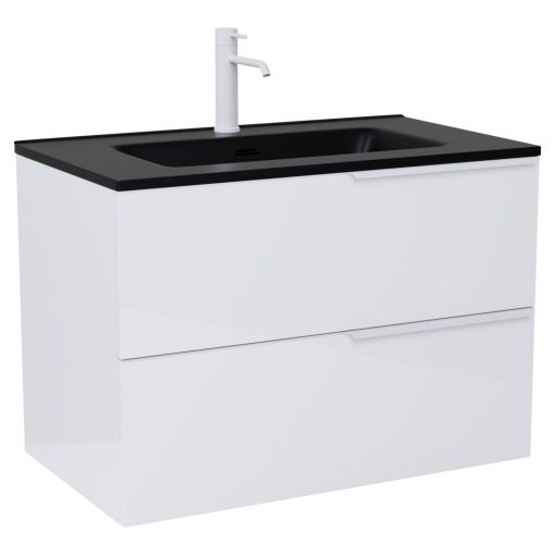 HD Cremona Lacquer White 60 komplett fürdőszoba bútor fali mosdószekrénnyel, matt fehér fogantyúkkal, matt fekete slim mosdóval és tükörrel