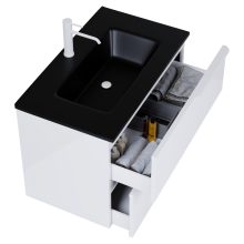 HD Cremona Lacquer White 60 komplett fürdőszoba bútor fali mosdószekrénnyel, matt fehér fogantyúkkal, matt fekete slim mosdóval és tükörrel