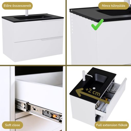 HD Cremona Lacquer White 60 komplett fürdőszoba bútor fali mosdószekrénnyel, matt fehér fogantyúkkal, matt fekete slim mosdóval és tükörrel