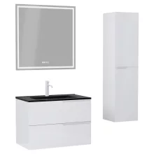 HD Cremona Lacquer White 60 komplett fürdőszoba bútor szett fali mosdószekrénnyel, matt fehér fogantyúkkal, matt fekete slim mosdóval, tükörrel és magasszekrénnyel