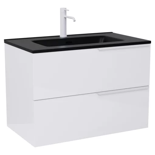 HD Cremona Lacquer White 60 komplett fürdőszoba bútor szett fali mosdószekrénnyel, matt fehér fogantyúkkal, matt fekete slim mosdóval, tükörrel és magasszekrénnyel