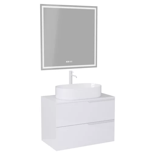 HD Carona Lacquer White 60 komplett fürdőszoba bútor fali mosdószekrénnyel, matt fehér fogantyúkkal, fényes fehér mosdópulttal és tükörrel