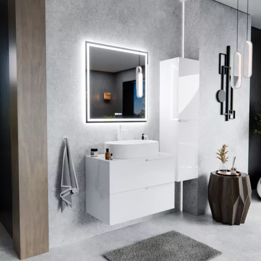 HD Carona Lacquer White 60 komplett fürdőszoba bútor fali mosdószekrénnyel, matt fehér fogantyúkkal, fényes fehér mosdópulttal és tükörrel