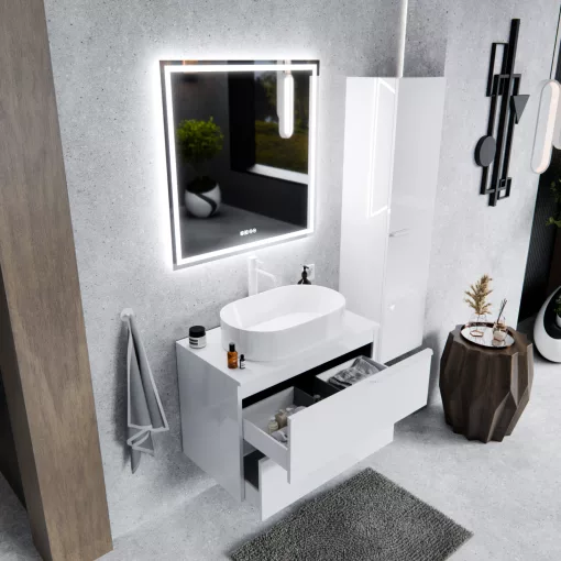 HD Carona Lacquer White 60 komplett fürdőszoba bútor fali mosdószekrénnyel, matt fehér fogantyúkkal, fényes fehér mosdópulttal és tükörrel
