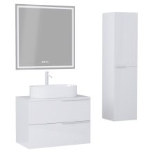 HD Carona Lacquer White 60 komplett fürdőszoba bútor szett fali mosdószekrénnyel, matt fehér fogantyúkkal, fényes fehér mosdópulttal, tükörrel és magasszekrénnyel