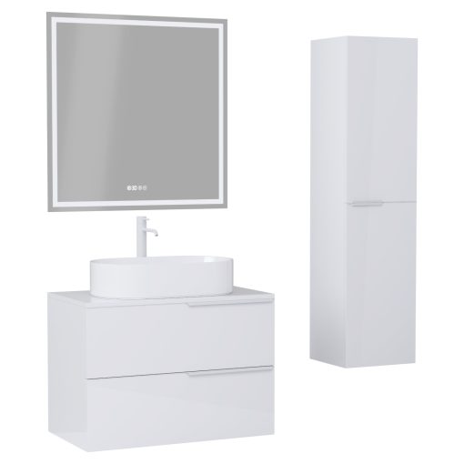 HD Carona Lacquer White 60 komplett fürdőszoba bútor szett fali mosdószekrénnyel, matt fehér fogantyúkkal, fényes fehér mosdópulttal, tükörrel és magasszekrénnyel