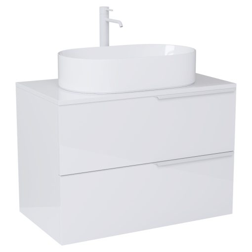 HD Carona Lacquer White 60 komplett fürdőszoba bútor szett fali mosdószekrénnyel, matt fehér fogantyúkkal, fényes fehér mosdópulttal, tükörrel és magasszekrénnyel