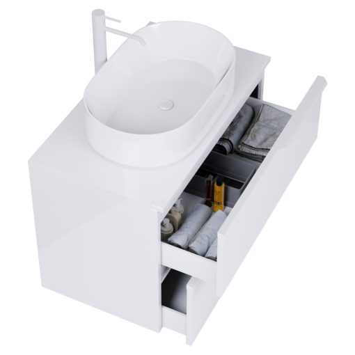 HD Carona Lacquer White 60 komplett fürdőszoba bútor szett fali mosdószekrénnyel, matt fehér fogantyúkkal, fényes fehér mosdópulttal, tükörrel és magasszekrénnyel