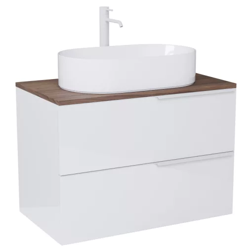 HD Carona Lacquer White 60 fali mosdószekrény tölgyfa színű mosdópulttal és matt fehér fogantyúkkal