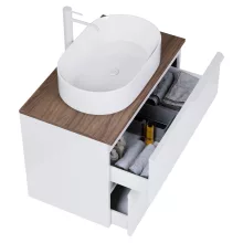 HD Carona Lacquer White 60 fali mosdószekrény tölgyfa színű mosdópulttal és matt fehér fogantyúkkal