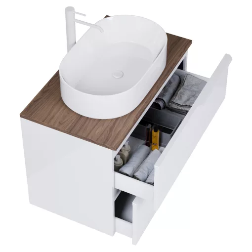 HD Carona Lacquer White 60 fali mosdószekrény tölgyfa színű mosdópulttal és matt fehér fogantyúkkal