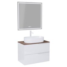 HD Carona Lacquer White 60 komplett fürdőszoba bútor fali mosdószekrénnyel, matt fehér fogantyúkkal, tölgyfa színű mosdópulttal és tükörrel