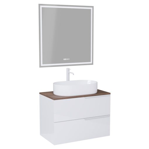 HD Carona Lacquer White 60 komplett fürdőszoba bútor fali mosdószekrénnyel, matt fehér fogantyúkkal, tölgyfa színű mosdópulttal és tükörrel