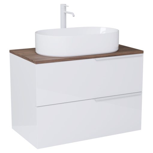 HD Carona Lacquer White 60 komplett fürdőszoba bútor fali mosdószekrénnyel, matt fehér fogantyúkkal, tölgyfa színű mosdópulttal és tükörrel