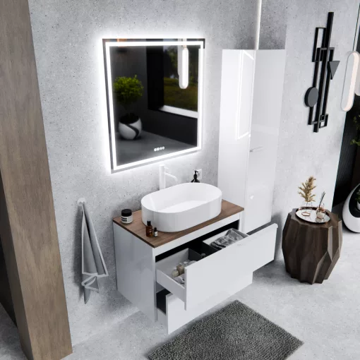 HD Carona Lacquer White 60 komplett fürdőszoba bútor fali mosdószekrénnyel, matt fehér fogantyúkkal, tölgyfa színű mosdópulttal és tükörrel