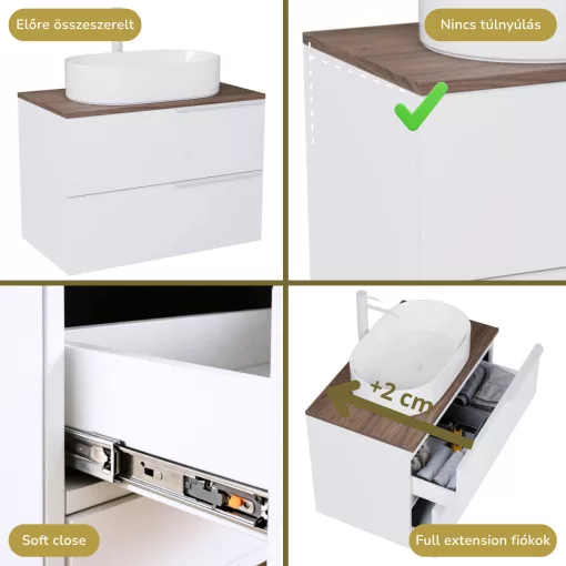 HD Carona Lacquer White 60 komplett fürdőszoba bútor fali mosdószekrénnyel, matt fehér fogantyúkkal, tölgyfa színű mosdópulttal és tükörrel