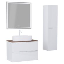 HD Carona Lacquer White 60 komplett fürdőszoba bútor szett fali mosdószekrénnyel, matt fehér fogantyúkkal, tölgyfa színű mosdópulttal, tükörrel és magasszekrénnyel