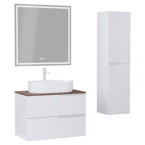 HD Carona Lacquer White 60 komplett fürdőszoba bútor szett fali mosdószekrénnyel, matt fehér fogantyúkkal, tölgyfa színű mosdópulttal, tükörrel és magasszekrénnyel