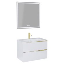 HD Cremona Lacquer White 60 komplett fürdőszoba bútor fali mosdószekrénnyel, szálcsiszolt arany fogantyúkkal, fényes fehér slim mosdóval és tükörrel