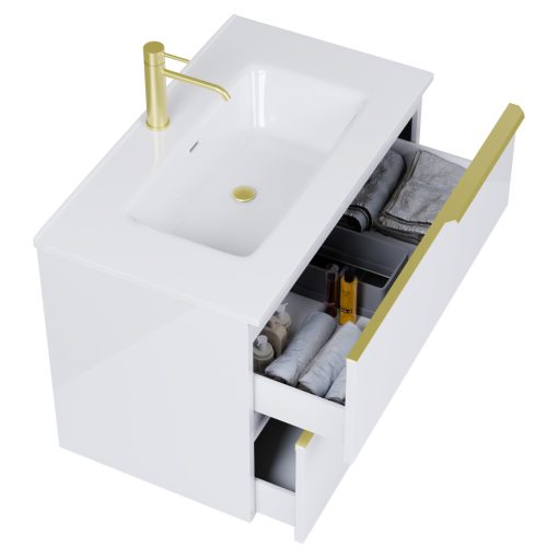HD Cremona Lacquer White 60 komplett fürdőszoba bútor fali mosdószekrénnyel, szálcsiszolt arany fogantyúkkal, fényes fehér slim mosdóval és tükörrel