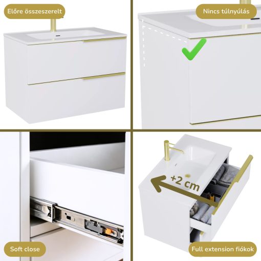 HD Cremona Lacquer White 60 komplett fürdőszoba bútor fali mosdószekrénnyel, szálcsiszolt arany fogantyúkkal, fényes fehér slim mosdóval és tükörrel