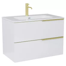 HD Cremona Lacquer White 60 komplett fürdőszoba bútor szett fali mosdószekrénnyel, szálcsiszolt arany fogantyúkkal, fényes fehér slim mosdóval, tükörrel és magasszekrénnyel