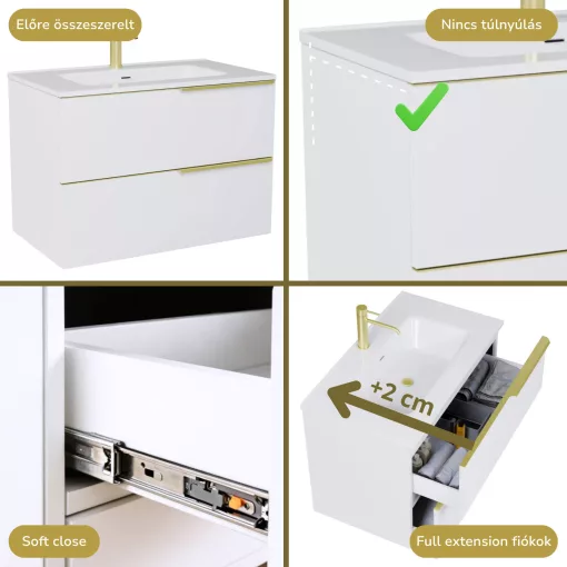 HD Cremona Lacquer White 60 komplett fürdőszoba bútor szett fali mosdószekrénnyel, szálcsiszolt arany fogantyúkkal, fényes fehér slim mosdóval, tükörrel és magasszekrénnyel