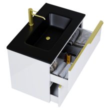 HD Cremona Lacquer White 60 fali mosdószekrény szálcsiszolt arany fogantyúkkal és matt fekete slim mosdóval