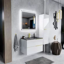 HD Cremona Lacquer White 60 fali mosdószekrény szálcsiszolt arany fogantyúkkal és matt fekete slim mosdóval