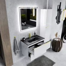 HD Cremona Lacquer White 60 fali mosdószekrény szálcsiszolt arany fogantyúkkal és matt fekete slim mosdóval