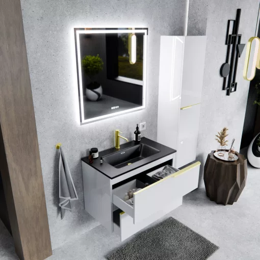 HD Cremona Lacquer White 60 fali mosdószekrény szálcsiszolt arany fogantyúkkal és matt fekete slim mosdóval