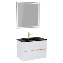 HD Cremona Lacquer White 60 komplett fürdőszoba bútor fali mosdószekrénnyel, szálcsiszolt arany fogantyúkkal, matt fekete slim mosdóval és tükörrel