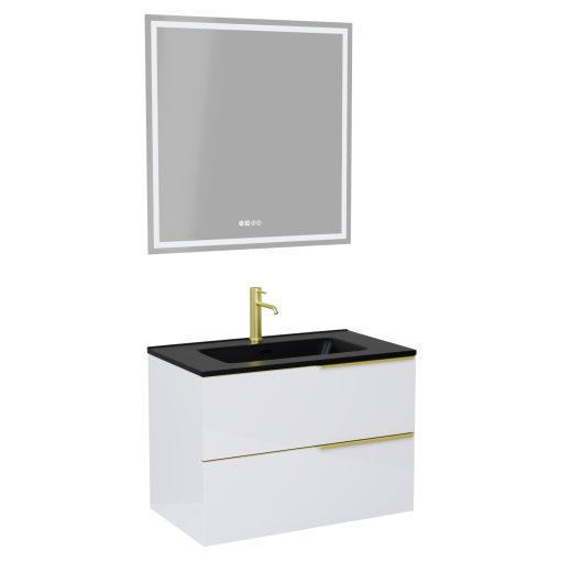 HD Cremona Lacquer White 60 komplett fürdőszoba bútor fali mosdószekrénnyel, szálcsiszolt arany fogantyúkkal, matt fekete slim mosdóval és tükörrel