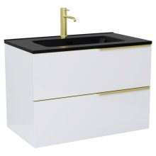 HD Cremona Lacquer White 60 komplett fürdőszoba bútor fali mosdószekrénnyel, szálcsiszolt arany fogantyúkkal, matt fekete slim mosdóval és tükörrel