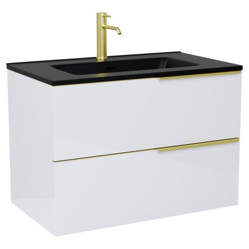 HD Cremona Lacquer White 60 komplett fürdőszoba bútor fali mosdószekrénnyel, szálcsiszolt arany fogantyúkkal, matt fekete slim mosdóval és tükörrel