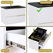 HD Cremona Lacquer White 60 komplett fürdőszoba bútor fali mosdószekrénnyel, szálcsiszolt arany fogantyúkkal, matt fekete slim mosdóval és tükörrel