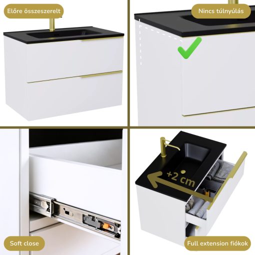 HD Cremona Lacquer White 60 komplett fürdőszoba bútor fali mosdószekrénnyel, szálcsiszolt arany fogantyúkkal, matt fekete slim mosdóval és tükörrel