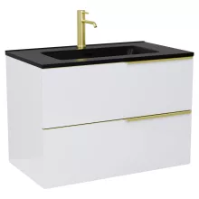 HD Cremona Lacquer White 60 komplett fürdőszoba bútor szett fali mosdószekrénnyel, szálcsiszolt arany fogantyúkkal, matt fekete slim mosdóval, tükörrel és magasszekrénnyel