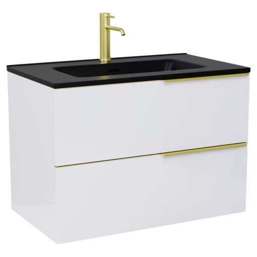 HD Cremona Lacquer White 60 komplett fürdőszoba bútor szett fali mosdószekrénnyel, szálcsiszolt arany fogantyúkkal, matt fekete slim mosdóval, tükörrel és magasszekrénnyel