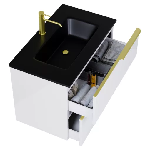 HD Cremona Lacquer White 60 komplett fürdőszoba bútor szett fali mosdószekrénnyel, szálcsiszolt arany fogantyúkkal, matt fekete slim mosdóval, tükörrel és magasszekrénnyel