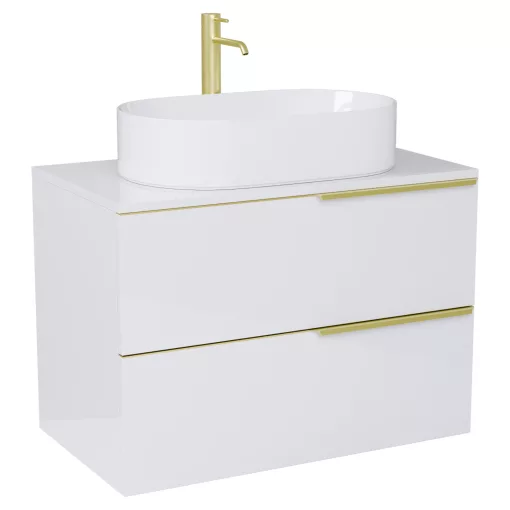 HD Carona Lacquer White 60 fali mosdószekrény fényes fehér mosdópulttal és szálcsiszolt arany fogantyúkkal