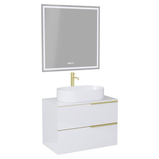 HD Carona Lacquer White 60 komplett fürdőszoba bútor fali mosdószekrénnyel, szálcsiszolt arany fogantyúkkal, fényes fehér mosdópulttal és tükörrel