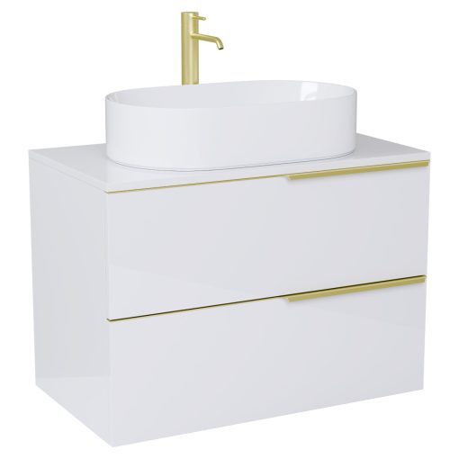 HD Carona Lacquer White 60 komplett fürdőszoba bútor fali mosdószekrénnyel, szálcsiszolt arany fogantyúkkal, fényes fehér mosdópulttal és tükörrel