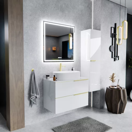 HD Carona Lacquer White 60 komplett fürdőszoba bútor fali mosdószekrénnyel, szálcsiszolt arany fogantyúkkal, fényes fehér mosdópulttal és tükörrel