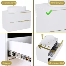 HD Carona Lacquer White 60 komplett fürdőszoba bútor fali mosdószekrénnyel, szálcsiszolt arany fogantyúkkal, fényes fehér mosdópulttal és tükörrel